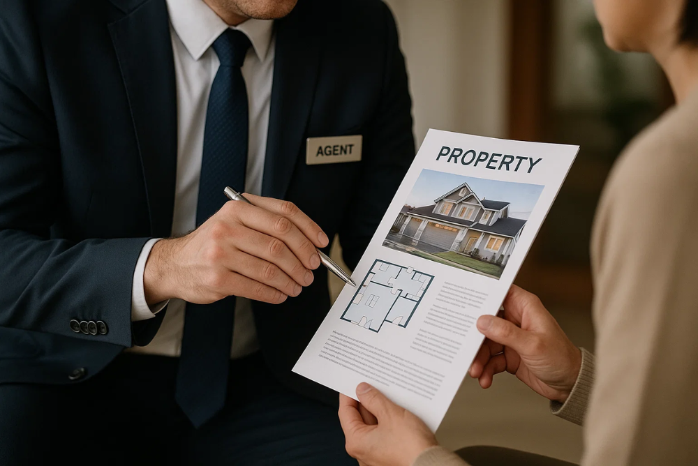 _A close-up of a property agent showing a client a property brochure or documents, highlighting a professional consultation.