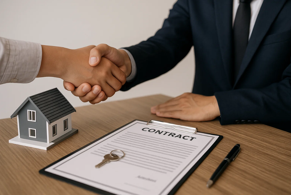 A hand shaking image between a property agent and a client, symbolising trust and agreement in real estate transactions.